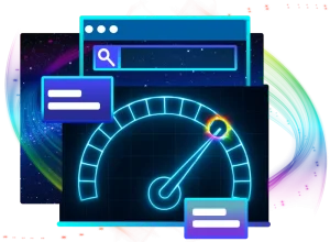 Browser window and gauge representing over 15 years of digital experience in web design and development