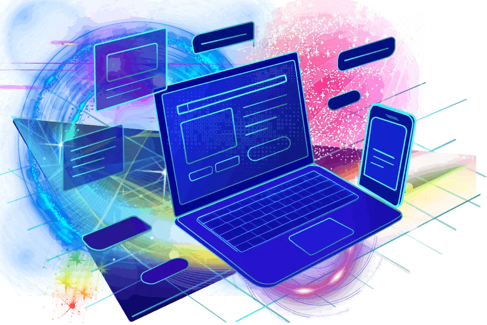 Laptop and mobile devices with matrix interface showing responsive web design