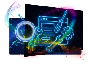 Browser with digital tools symbolizing website redesign and support