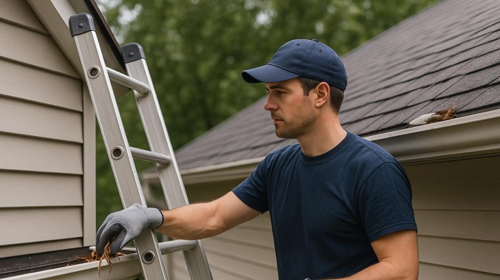 Local gutter cleaner on a ladder cleaning gutters for a residential home