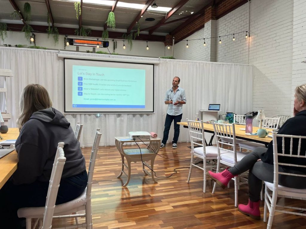 Goran from Three Nine Digital presenting a Google Business Profile workshop to small business owners in Braeside Melbourne